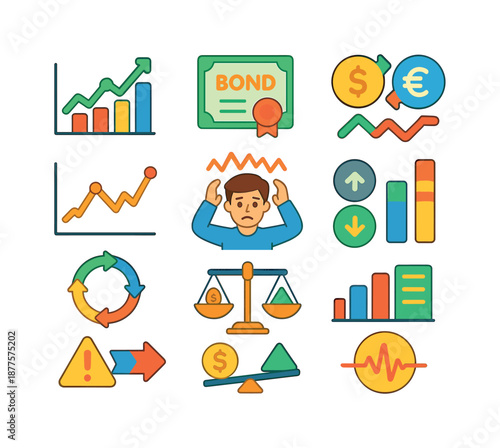 Colorful Financial Icons. Financial markets. Colorful flat vector icons set of Financial markets: stock chart, bond yield, currency exchange, market