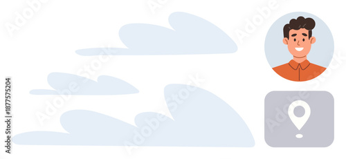 User identification, location services, mobile applications, personal identity, navigation tools, digital profiles. Smiling avatar with map pin icon and soft cloud elements. Location services