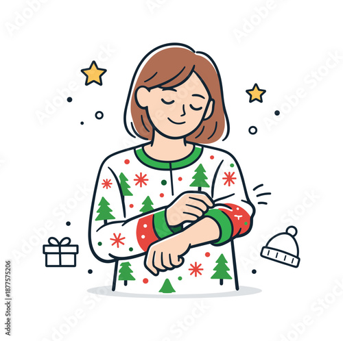 Cozy Holiday Portrait. Wearing holiday pajamas cozy portrait. Single person adjusting pajama sleeves or holding a mug, calm smile and relaxed stance. Personal