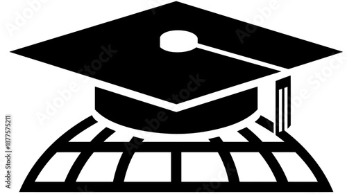 A graduation cap icon over a stylized globe, rendered in solid black against a white background