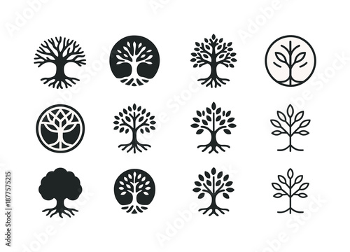 Sacred Myth Icons. Religious myths and their cultural importance. Icon set. Set Logo of Religious myths and their cultural importance: Sacred tree of life: