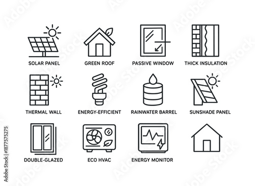 Sustainable Home Icon Set. Energy-efficient home design trends. Line icon set of green building features: solar panel, green roof, passive window, thick