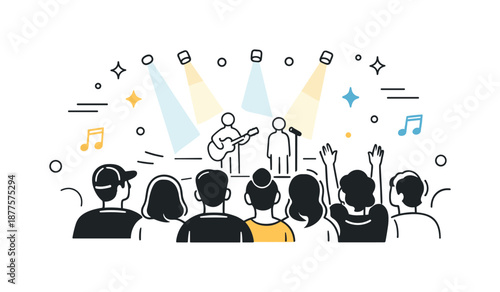 Concert Anticipation Scene. Concert audience from back view. View of audience facing the stage with minimal performer shapes and spotlights ahead.