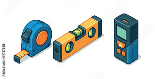 Isometric Measuring Tools Set. Measuring tools. Isometric flat vector icons set of measuring tools: tape measure, spirit level, laser distance meter. Three