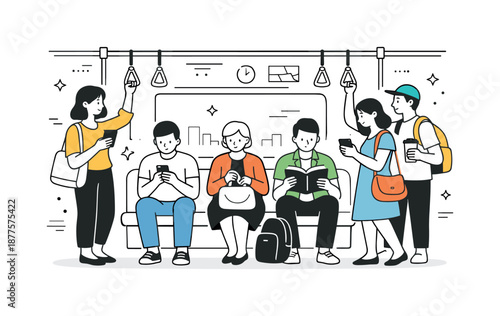 Calm Subway Commute. Subway passengers. People standing and sitting inside a subway car holding handrails and bags, calm daily commute and quiet movement.