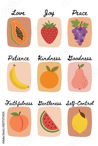 Fruit of the Spirit. Christian Bible verse illustration. Love, joy, peace, patience, kindness, goodness, faithfulness, gentleness, self control. Watercolor fruit art for faith decor.