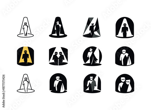 Masked Theater Emblems. A live theater performance with actors wearing masks. Icon set. Set Logo of A live theater performance with actors wearing masks: