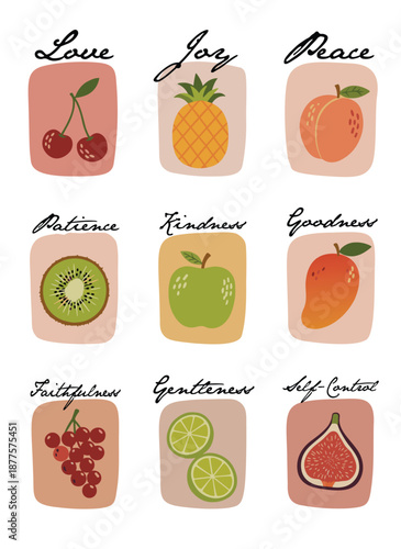 Fruit of the Spirit. Christian Bible verse illustration. Love, joy, peace, patience, kindness, goodness, faithfulness, gentleness, self control. Watercolor fruit art for faith decor.