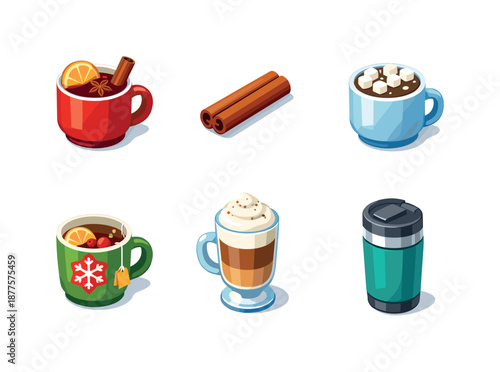 Winter Beverage Icons. Winter Beverages. Isometric flat vector icons set of winter beverages: mulled wine mug, cinnamon spice stick, marshmallow cocoa cup,