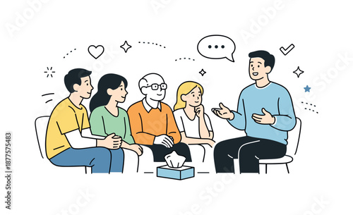 Supportive Group Discussion. Group support meeting. People listening attentively while one person speaks, showing understanding and care. A sense of trust,