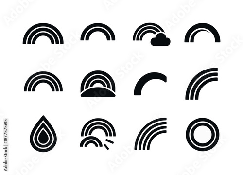 Black Rainbow Icons. Rainbow. Solid icon set of Rainbow: full rainbow arc, partial rainbow, rainbow with cloud, double rainbow, rainbow over hill, gradient