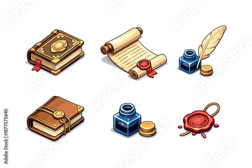 Classic Literature Icons. Classic Literature. Isometric flat vector icons set of Classic Literature: antique book, scroll, quill feather, ink bottle, leather