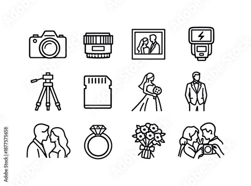 Wedding Icon Set. Wedding photography. Line icon set of Wedding photography: camera, lens, photo frame, flash icon, tripod, memory card, bride pose, groom