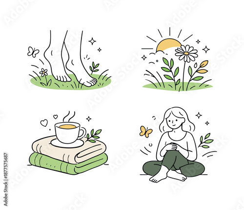 Eco Lifestyle Harmony. Eco lifestyle visuals. Soft editorial concept showing nature connection?barefoot walk in grass, sunlight on plants, soft textiles and