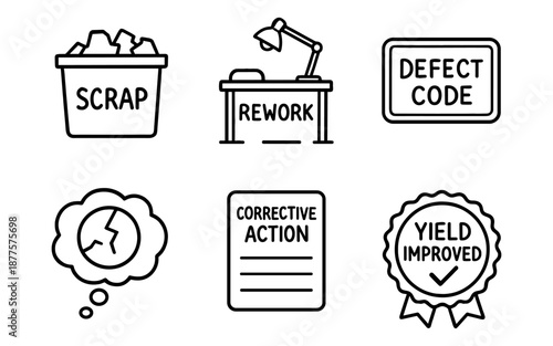 Quality control icons set: scrap, rework, defect code, and corrective actions