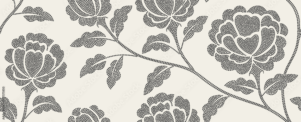 Fototapeta premium Flower abstract leaves seamless pattern with dotted flat style. 