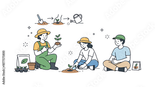 Gardening Instructional Gathering. Gardening together learning. One person explaining planting steps while others listen and follow. Knowledge sharing and
