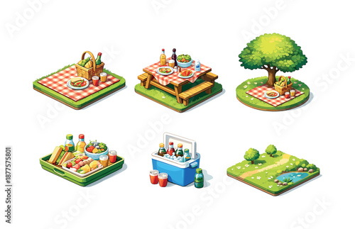 Isometric Picnic Icons. Isometric Picnic Scenes. Isometric flat vector icons set of Isometric Picnic Scenes: picnic blanket with basket, outdoor table setup,