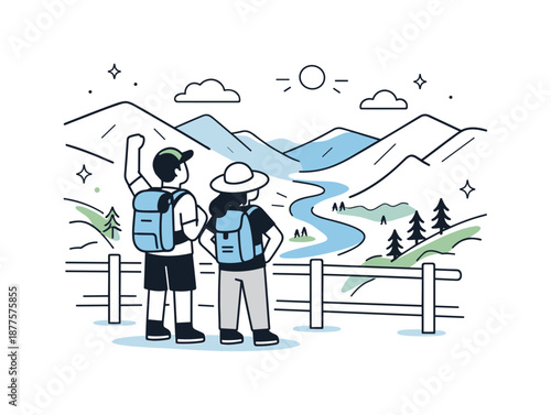 Hiking Viewpoint Celebration. Hiking trip view. Hikers standing at a viewpoint overlooking mountains or a valley. Sense of achievement, openness and fresh air.