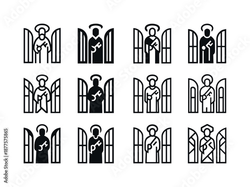 Saint Peter Icon Set. saint peter. Icon set. Set Logo of Saint Peter: open gates with halo. harmonious logo variations of the same emblematic concept, each