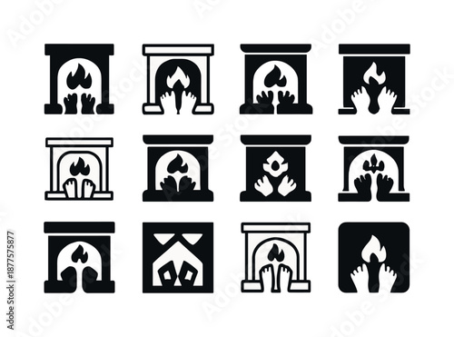 Cozy Fireplace Icons. People enjoying a warm fire in the fireplace. Icon set. Set Logo of people enjoying a warm fire in the fireplace: feet near fireplace.