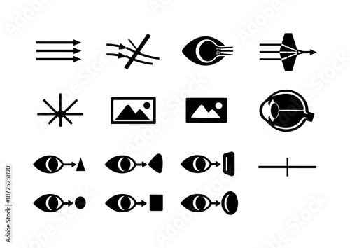 Light Refraction Icons. Light refraction. Solid icon set of Light refraction: parallel light rays, bent light rays, cornea refraction, lens refraction, focal