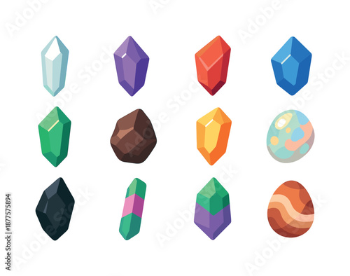 Colorful Crystal Icons. Crystal Shards. Colorful flat vector icons set of Crystal Shards: quartz shard, amethyst shard, ruby shard, sapphire shard, emerald
