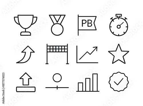 Personal Best Icons. Personal bests. Line icon set of Personal bests: trophy, medal, PR flag, stopwatch, upward arrow, finish line, progress chart, achievement