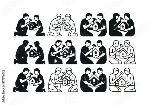 Father-Son Project Icons. A father and son working together on a home improvement project. Icon set. Set Logo of A father and son working together on a home