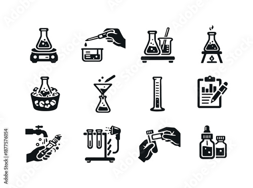 Laboratory Procedure Icons. Lab procedures. Solid icon set of Lab procedures: weigh sample, transfer liquid, mix solution, heat flask, cool flask, filter