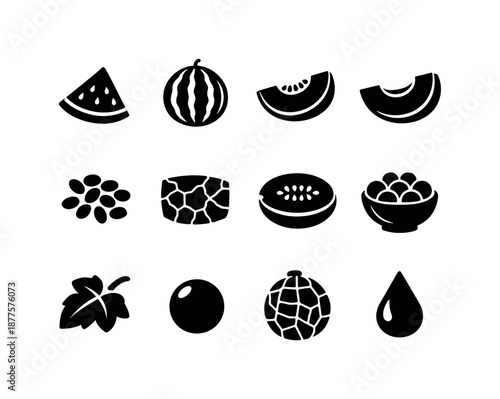 Melon Icon Collection. Melons. Solid icon set of melons: watermelon slice, whole watermelon, cantaloupe wedge, honeydew slice, melon seed cluster, rind