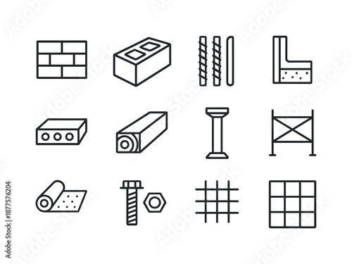 Construction Icons Grid. Construction elements. Line icon set of Construction elements: brick wall, cinder block, rebar rods, wall section, floor panel, wooden