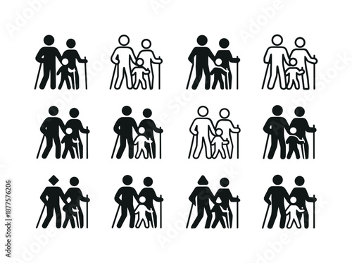 Family Hiking Logos. family hiking together. Icon set. Set Logo of family hiking together: parents and child holding trekking poles. harmonious logo variations