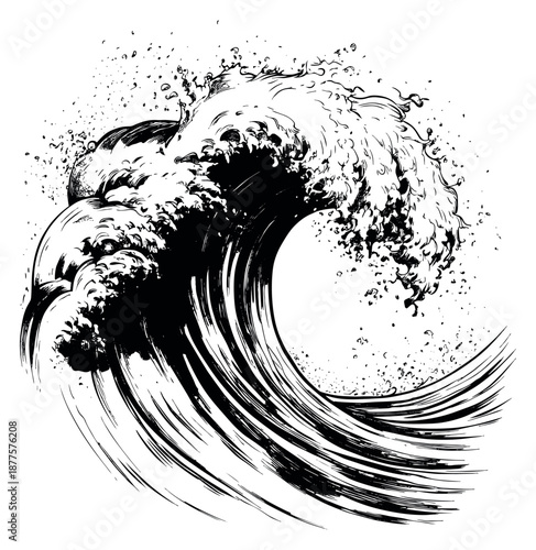 Dramatic hand drawn illustration of an ocean wave depicting a powerful crash for a nautical or nature themed design