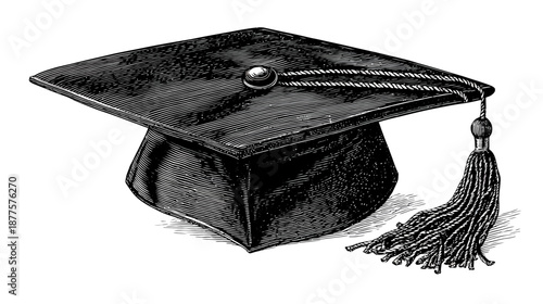 A black and white illustration of a graduation cap with a tassel against a white background