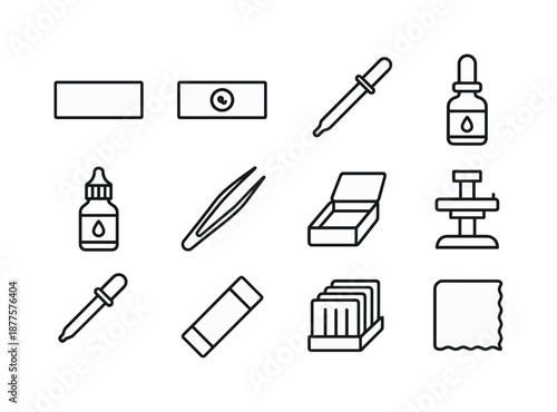 Microscope Slide Icons. Complete Microscope Slide Essentials. Line icon set of Complete Microscope Slide Essentials: blank slide, prepared specimen, cover