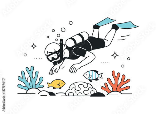 Snorkeling Adventure Illustration. People snorkeling exploration. Person looking down at fish and coral formations. Curious attention and gentle connection
