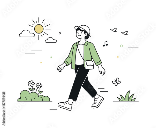 Spring Stroll Serenity. Outdoor spring lifestyle flat art. A person walking outside in light spring clothing, enjoying fresh air and mild sunlight. Calm