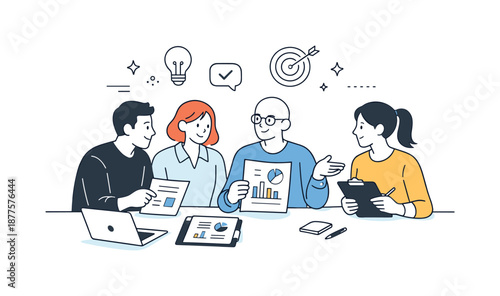 Teamwork Collaboration Scene. Office meeting collaboration. Team reviewing documents and graphs together at a shared table. Calm productive exchange focused on