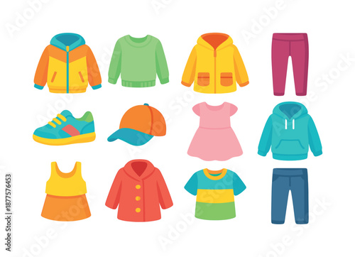 Kids Spring Fashion Icons. Kids spring clothing. Colorful flat vector icons set of Kids spring clothing: windbreaker, light sweater, rain jacket, leggings,