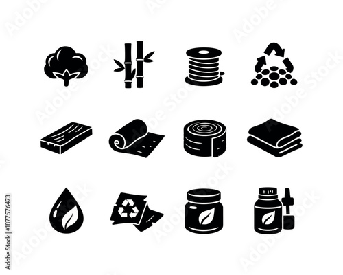 Eco-Friendly Materials Icons. Eco-friendly materials. Solid icon set of eco-friendly materials: organic cotton bundle, bamboo stalk, hemp fiber spool, recycled