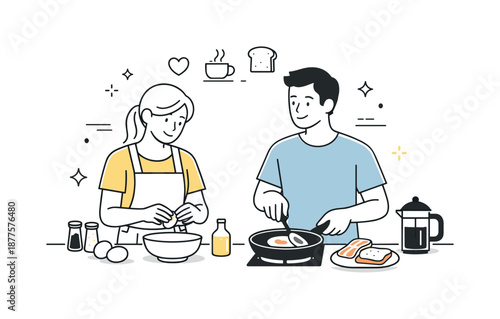 Collaborative Breakfast Prep. Making breakfast together. Two people cooking side by side, sharing tasks and quiet conversation, warm everyday collaboration.
