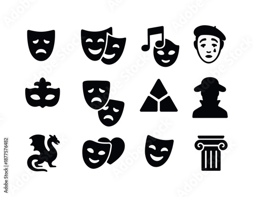 Theater Icon Set. Theater genres. Solid icon set of Theater genres: drama symbol, comedy symbol, musical note mask, mime face, opera mask, tragedy mask,