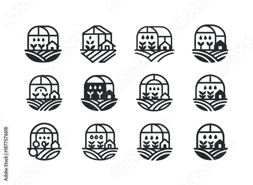 Greenhouse Icon Set. A small farm with a hand-built greenhouse for growing vegetables. Icon set. Set Logo of A small farm with a hand-built greenhouse for