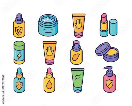 Colorful Protection Icons Set. Protection products. Colorful isometric vector icons set of protection products: UV shield spray, hydrating barrier cream, hand