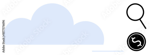 Blue cloud with magnifying glass and dollar sign for exploring cloud computing, cost analysis, data storage, digital technology, online services, research, and cloud savings. Simple flat metaphor