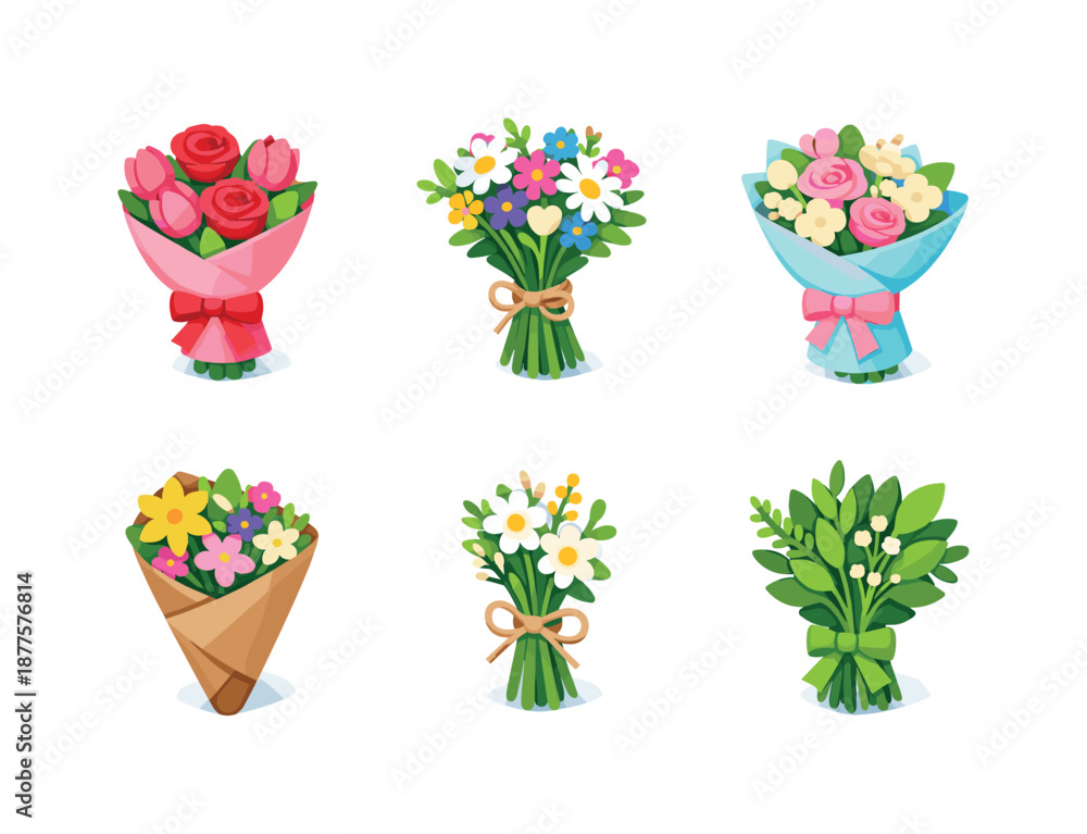 Fototapeta premium Spring Floral Icons. Spring Bouquets. Isometric flat vector icons set of Spring Bouquets: rose and tulip bouquet, wildflower hand bouquet, pastel wrapped