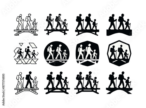 Family Hiking Logos. family hiking together. Icon set. Set Logo of family hiking together: family silhouettes crossing wooden bridge. harmonious logo