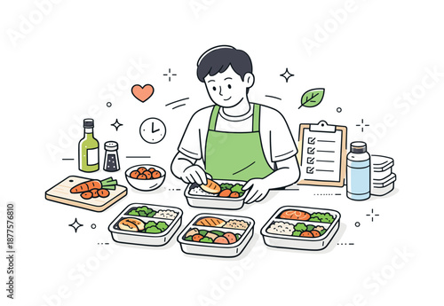 Balanced Meal Prep. Healthy cooking meal prep. Person arranging balanced meals in simple containers, organized workspace and steady rhythm. Planning, care, and