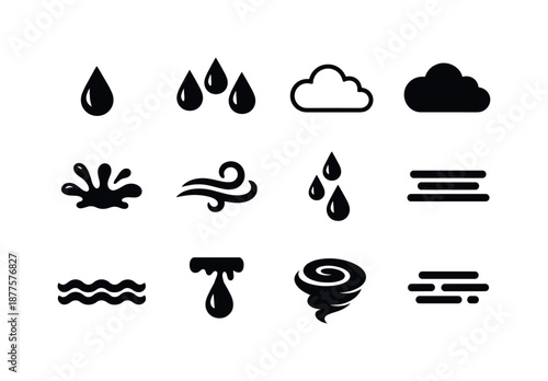 Rainy Day Icons. Rainy Day symbols. Solid icon set of rainy day symbols: raindrop single, raindrop trio, cloud outline, cloud filled, splash mark, swirl wind,